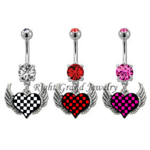 Anéis de aço Piercing jóias Cubic Zirconia coração barriga de 14g